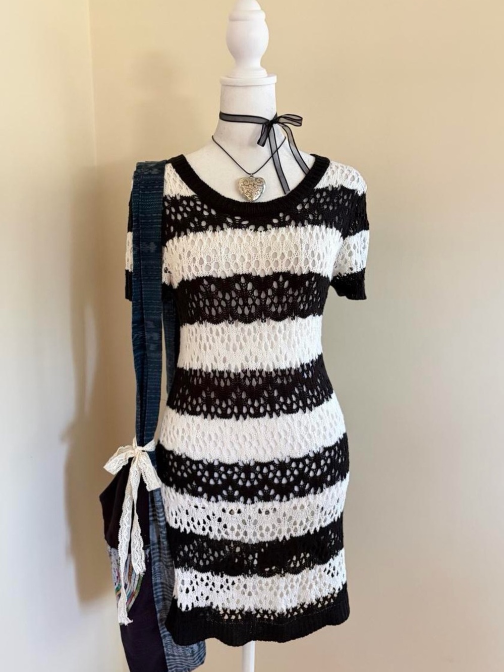 Vintage Y2K striped crochet indie sleaze mini dress black white pointelle knit S